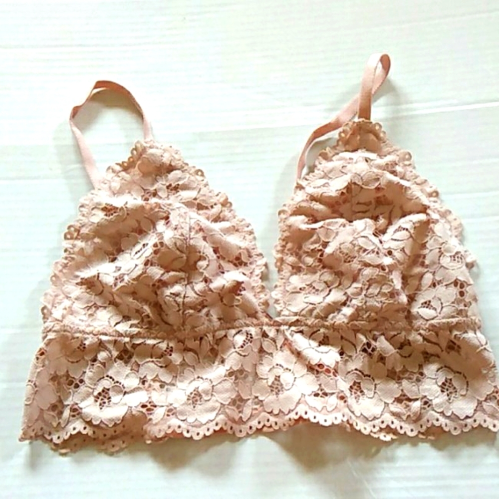 Dobreva Women's Lace Unpadded Bralette Plunge Bra SZ L Blush Pink P7